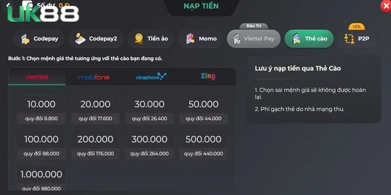 Khi nạp tiền UK88 bằng thẻ cào có quy trình đơn giản